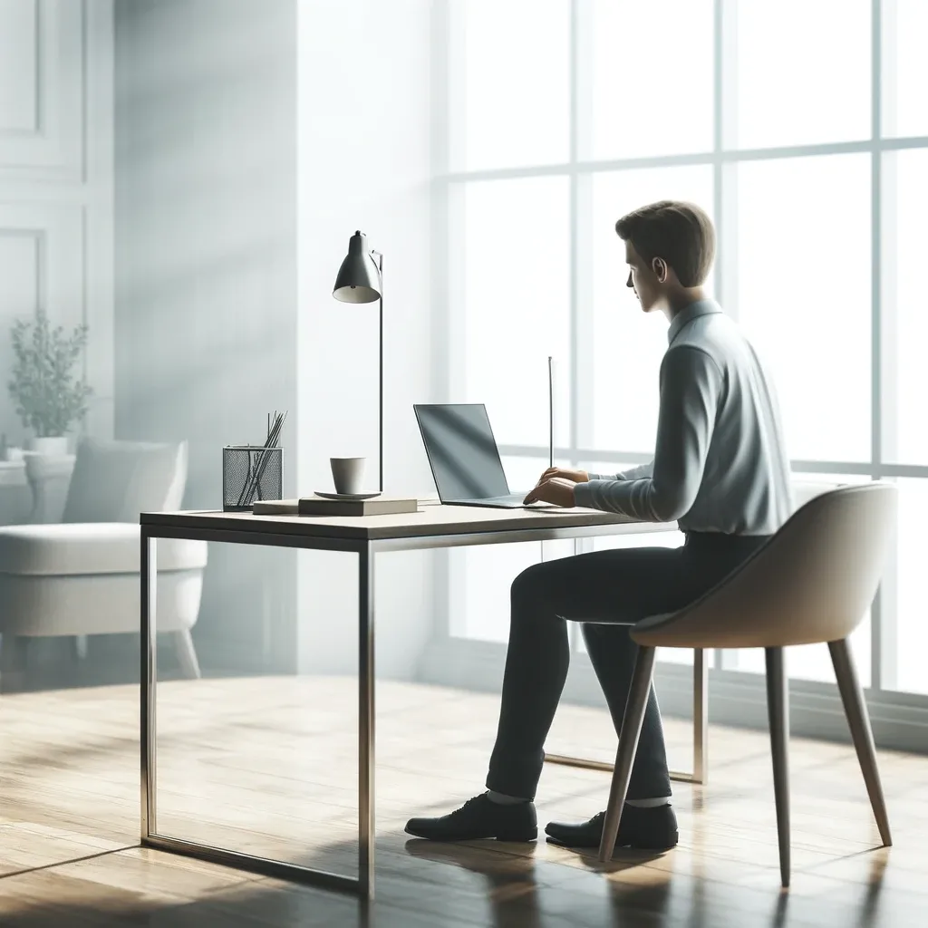 Een persoon zit aan een bureau in een rustige, moderne kantooromgeving, werkend aan een laptop, met natuurlijke lichtinval en een professionele uitstraling